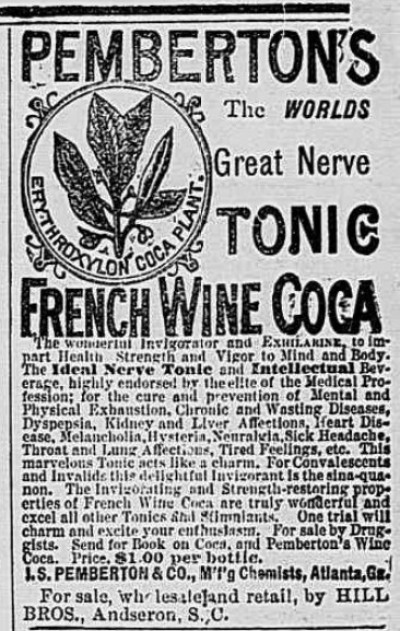 Early advert for Pemberton's French Wine Coca. The Anderson Intelligencer, March 11, 1886. Source:Â Courtesy of Library of Congress Archives