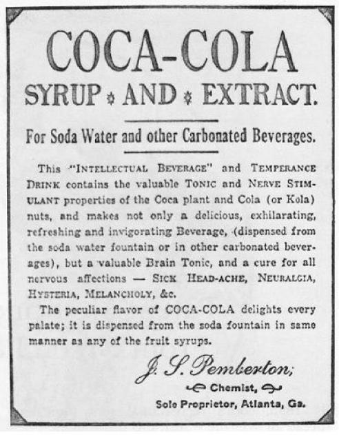 Early advert for Coca-Cola. Source: http://www.wikiwand.com/en/Coca-Cola